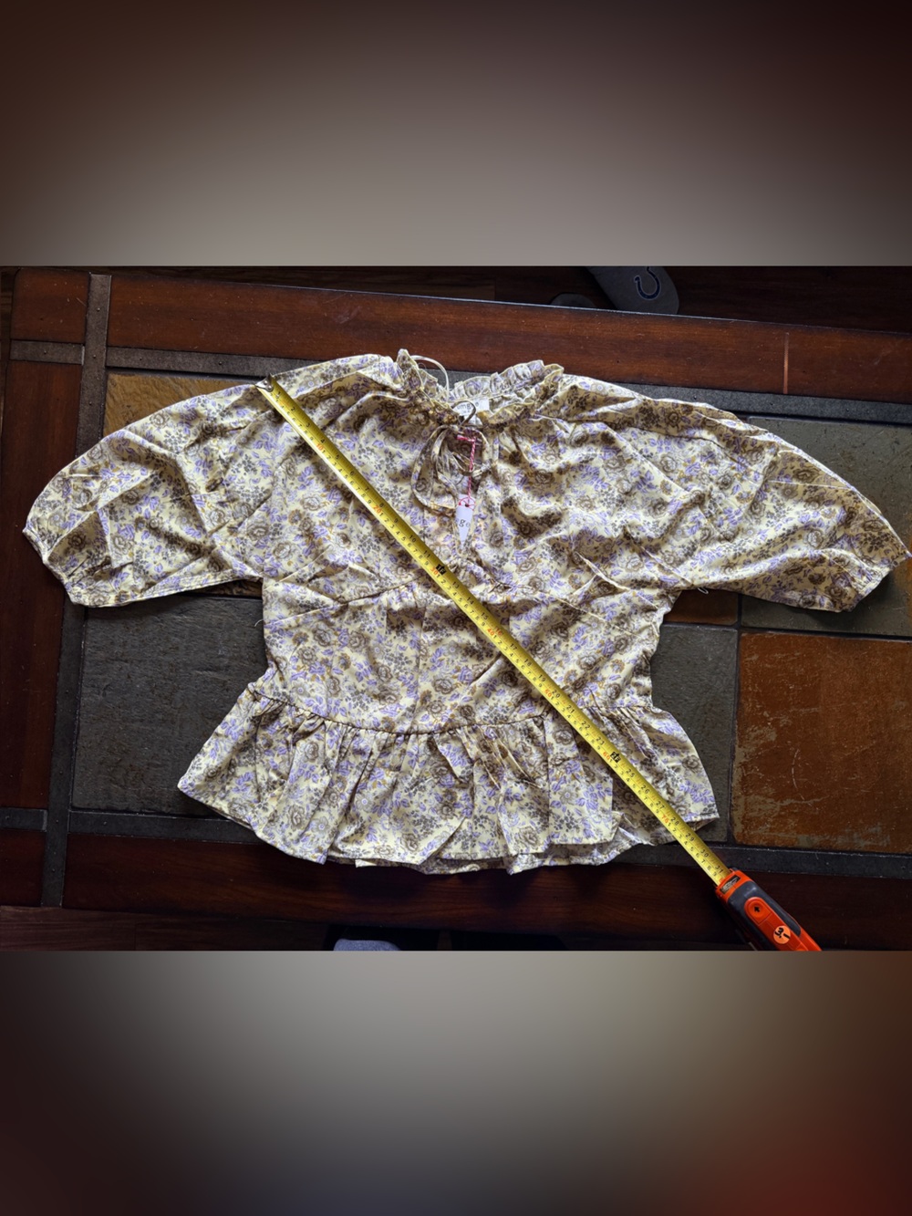 Umgee small tie v neck dainty floral butter yellow 3/4 sleeve ruffle waist